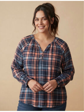 Daily Thread Plaid Blouse Navy Peach Size L